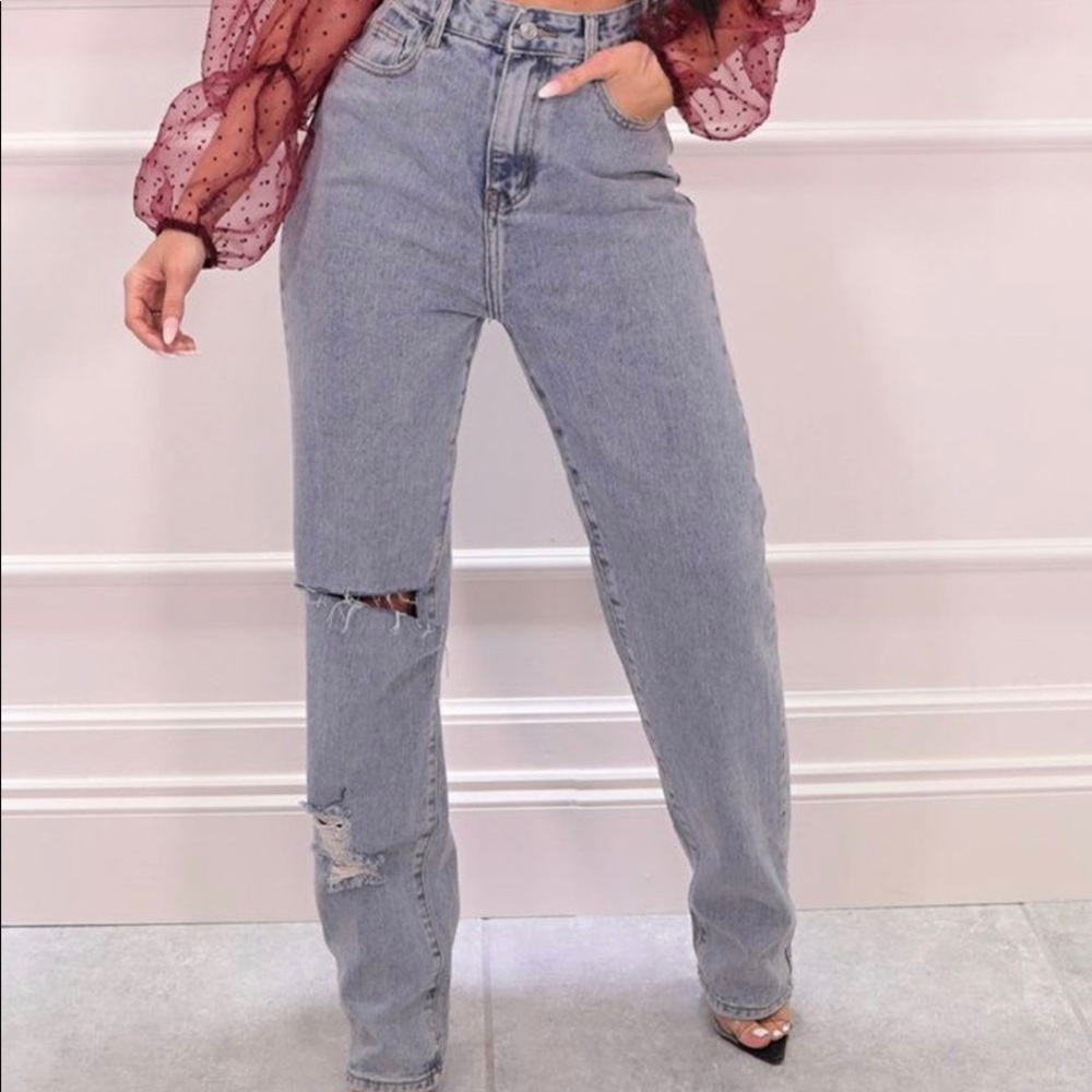 High waisted distressed straight leg jeans